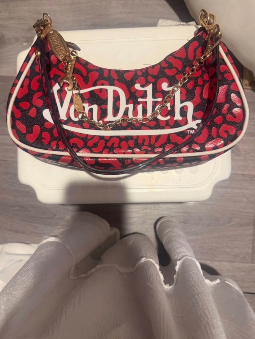Von Dutch Y2K Red Leopard Print Baguette (Shoulder Bag) + Gold Chain